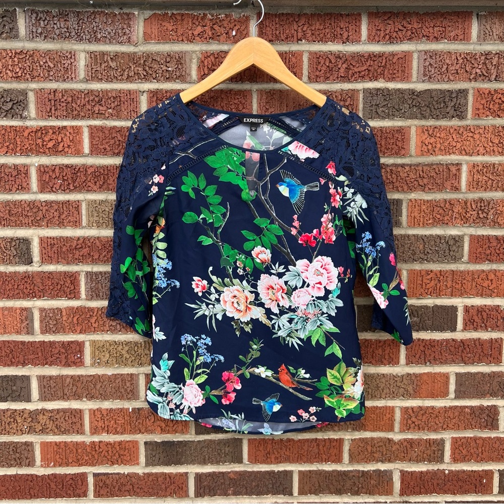 Express Navy Blue Floral Lace Sleeve Floral Print Long Sleeve Blouse Top